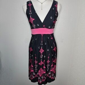 Halo Pink Black Geometric Print Empire Waist Dress